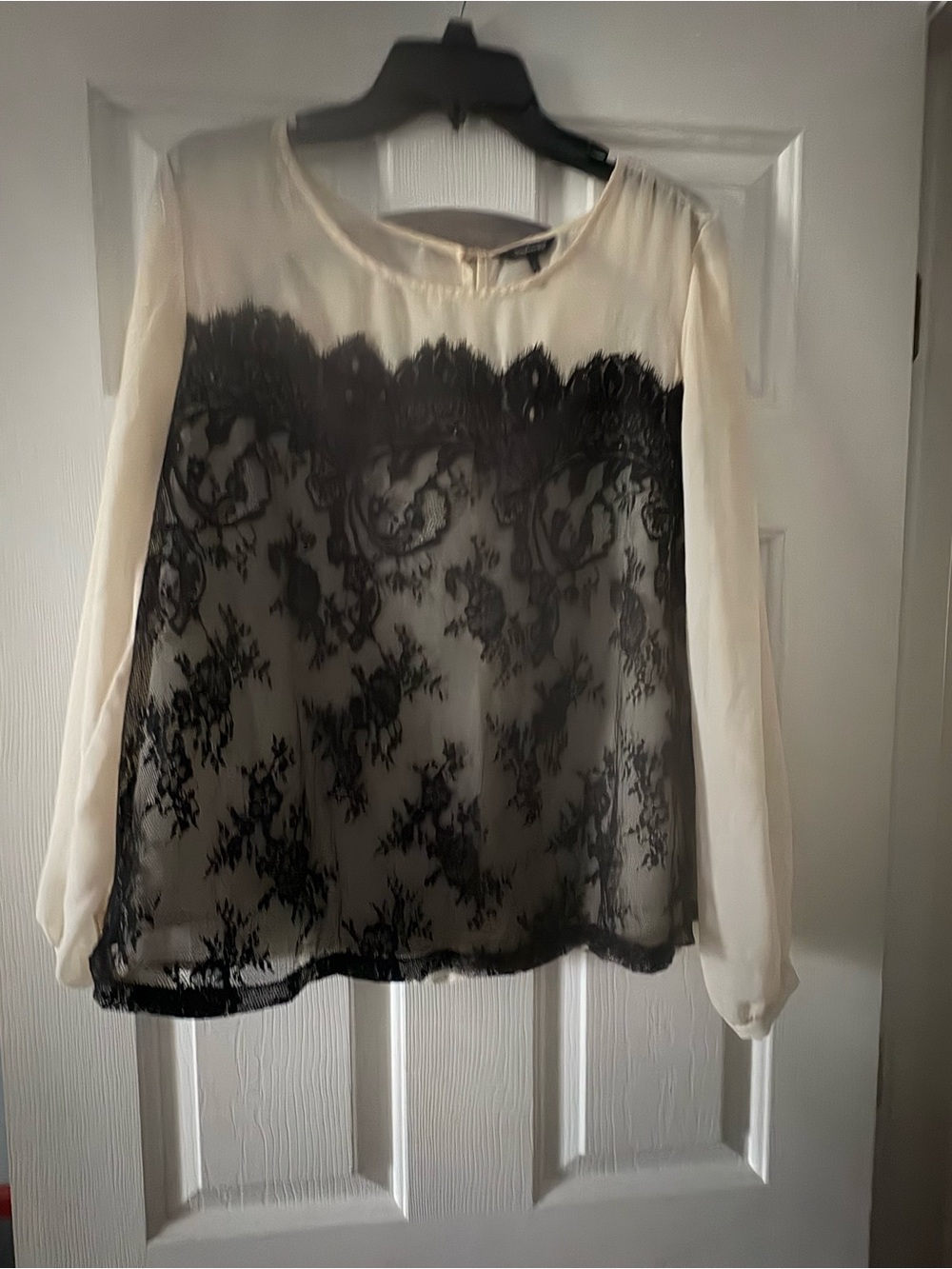 Sheer Lace-Inset Long Sleeve Blouse - Cream and Black